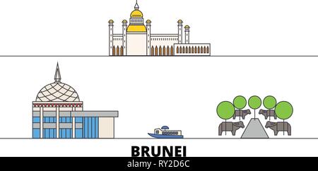 Brunei flachbild Wahrzeichen Vector Illustration. Brunei Linie Stadt mit berühmten reisen Sehenswürdigkeiten, Skyline, Design. Stock Vektor