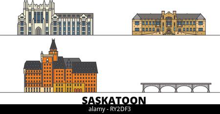 Kanada, Saskatoon flachbild Wahrzeichen Vector Illustration. Kanada, Saskatoon Linie Stadt mit berühmten reisen Sehenswürdigkeiten, Skyline, Design. Stock Vektor