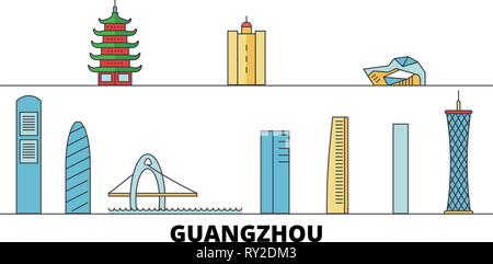 China, Guangzhou City Flat Wahrzeichen Vector Illustration. China, Guangzhou City Line Stadt mit berühmten reisen Sehenswürdigkeiten, Skyline, Design. Stock Vektor