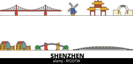 China, Shenzhen flachbild Wahrzeichen Vector Illustration. China, Shenzhen Linie Stadt mit berühmten reisen Sehenswürdigkeiten, Skyline, Design. Stock Vektor