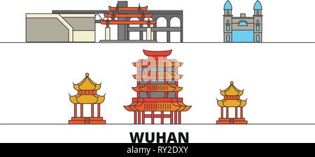 China Wuhan flachbild Wahrzeichen Vector Illustration. China Wuhan Linie Stadt mit berühmten reisen Sehenswürdigkeiten, Skyline, Design. Stock Vektor