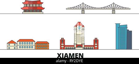 China, Xiamen flachbild Wahrzeichen Vector Illustration. China, Xiamen Linie Stadt mit berühmten reisen Sehenswürdigkeiten, Skyline, Design. Stock Vektor