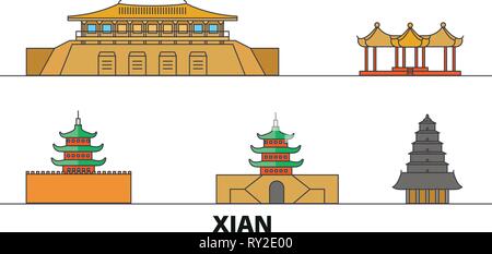 China, Xian flachbild Wahrzeichen Vector Illustration. China, Xian, die Stadt mit dem berühmten reisen Sehenswürdigkeiten, Skyline, Design. Stock Vektor