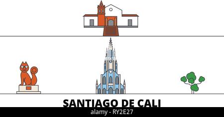 Kolumbien, Santiago de Cali flachbild Wahrzeichen Vector Illustration. Kolumbien, Santiago de Cali Linie Stadt mit berühmten reisen Sehenswürdigkeiten, Skyline, Design. Stock Vektor