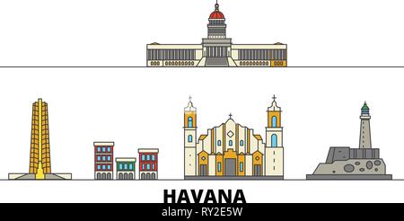 Kuba, Havanna flachbild Wahrzeichen Vector Illustration. Kuba, Havanna Linie Stadt mit berühmten reisen Sehenswürdigkeiten, Skyline, Design. Stock Vektor