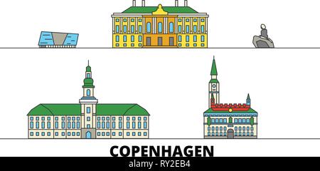 Dänemark, Kopenhagen flachbild Wahrzeichen Vector Illustration. Dänemark, Kopenhagen Stadt mit berühmten reisen Sehenswürdigkeiten, Skyline, Design. Stock Vektor