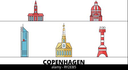 Dänemark, Copenhagen City Flat Wahrzeichen Vector Illustration. Dänemark, Copenhagen City Line Stadt mit berühmten reisen Sehenswürdigkeiten, Skyline, Design. Stock Vektor