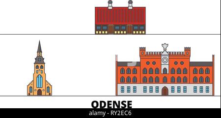 Dänemark, Odense flachbild Wahrzeichen Vector Illustration. Dänemark, Odense Linie Stadt mit berühmten reisen Sehenswürdigkeiten, Skyline, Design. Stock Vektor