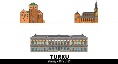 Finnland, Turku flachbild Wahrzeichen Vector Illustration. Finnland, Turku Linie Stadt mit berühmten reisen Sehenswürdigkeiten, Skyline, Design. Stock Vektor