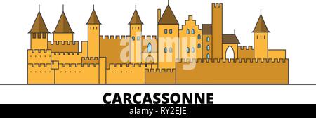 Frankreich, Carcassonne flachbild Sehenswürdigkeit Sehenswürdigkeiten Vector Illustration. Frankreich, Carcassonne Wahrzeichen der Stadt mit dem berühmten reisen Sehenswürdigkeiten, Skyline, Design. Stock Vektor