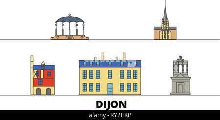 Frankreich, Dijon flachbild Wahrzeichen Vector Illustration. Frankreich, Dijon Linie Stadt mit berühmten reisen Sehenswürdigkeiten, Skyline, Design. Stock Vektor