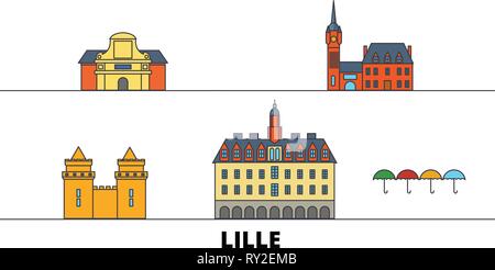 Frankreich, Lille flachbild Wahrzeichen Vector Illustration. Frankreich, Lille Die Stadt mit dem berühmten reisen Sehenswürdigkeiten, Skyline, Design. Stock Vektor