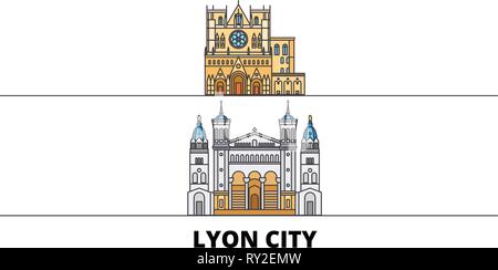Frankreich, Lyon City Flat Wahrzeichen Vector Illustration. Frankreich, Lyon City Line Stadt mit berühmten reisen Sehenswürdigkeiten, Skyline, Design. Stock Vektor