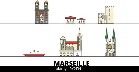 Frankreich, Marseille flachbild Wahrzeichen Vector Illustration. Frankreich, Marseille die Stadt mit dem berühmten reisen Sehenswürdigkeiten, Skyline, Design. Stock Vektor