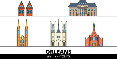 Frankreich, Orleans flachbild Wahrzeichen Vector Illustration. Frankreich, Orleans Linie Stadt mit berühmten reisen Sehenswürdigkeiten, Skyline, Design. Stock Vektor