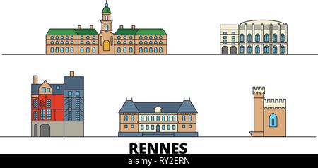 Frankreich, Rennes flachbild Wahrzeichen Vector Illustration. Frankreich, Rennes Linie Stadt mit berühmten reisen Sehenswürdigkeiten, Skyline, Design. Stock Vektor