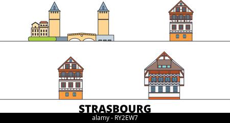 Frankreich, Straßburg City Flat Wahrzeichen Vector Illustration. Frankreich, die Stadt Straßburg die Stadt mit dem berühmten reisen Sehenswürdigkeiten, Skyline, Design. Stock Vektor