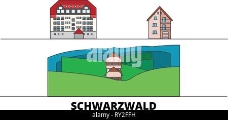 Deutschland, Schwarzwald flachbild Wahrzeichen Vector Illustration. Deutschland, Schwarzwald die Stadt mit dem berühmten reisen Sehenswürdigkeiten, Skyline, Design. Stock Vektor