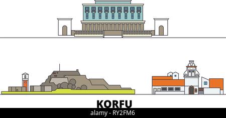 Griechenland, Korfu flachbild Wahrzeichen Vector Illustration. Griechenland, Korfu die Stadt mit dem berühmten reisen Sehenswürdigkeiten, Skyline, Design. Stock Vektor