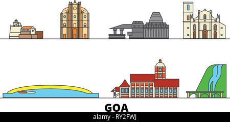 Indien, Goa flachbild Wahrzeichen Vector Illustration. Indien, Goa Linie Stadt mit berühmten reisen Sehenswürdigkeiten, Skyline, Design. Stock Vektor