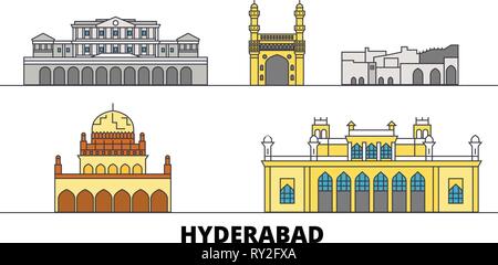 Indien, Hyderabad flachbild Wahrzeichen Vector Illustration. Indien, Hyderabad Linie Stadt mit berühmten reisen Sehenswürdigkeiten, Skyline, Design. Stock Vektor