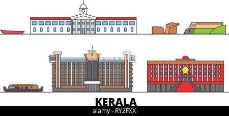 Indien, Kerala flachbild Wahrzeichen Vector Illustration. Indien, Kerala, die Stadt mit dem berühmten reisen Sehenswürdigkeiten, Skyline, Design. Stock Vektor