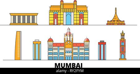 Indien, Mumbai flachbild Wahrzeichen Vector Illustration. Indien, Mumbai Linie Stadt mit berühmten reisen Sehenswürdigkeiten, Skyline, Design. Stock Vektor