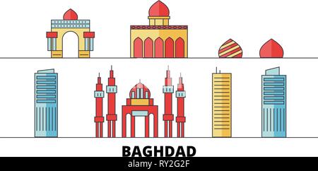 Irak, Bagdad flachbild Wahrzeichen Vector Illustration. Irak, Bagdad die Stadt mit dem berühmten reisen Sehenswürdigkeiten, Skyline, Design. Stock Vektor