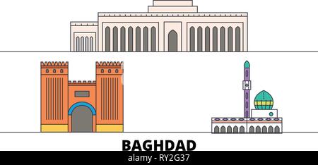 Irak, Bagdad City Flat Wahrzeichen Vector Illustration. Irak, Bagdad City Line Stadt mit berühmten reisen Sehenswürdigkeiten, Skyline, Design. Stock Vektor