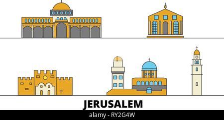 Israel, Jerusalem flachbild Wahrzeichen Vector Illustration. Israel, Jerusalem, die Stadt mit dem berühmten reisen Sehenswürdigkeiten, Skyline, Design. Stock Vektor