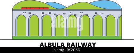 Italien, Albulabahn flachbild Wahrzeichen Vector Illustration. Italien, Albula Bahn Stadt mit berühmten reisen Sehenswürdigkeiten, Skyline, Design. Stock Vektor