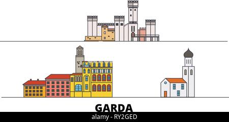 Italien, Gardasee flachbild Wahrzeichen Vector Illustration. Italien, Gardasee Linie Stadt mit berühmten reisen Sehenswürdigkeiten, Skyline, Design. Stock Vektor