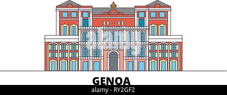 Italien, Genua City Flat Wahrzeichen Vector Illustration. Italien, Genua City Line Stadt mit berühmten reisen Sehenswürdigkeiten, Skyline, Design. Stock Vektor