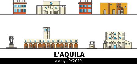 Italien, L'Aquila flachbild Wahrzeichen Vector Illustration. Italien, L'Aquila, die Stadt mit dem berühmten reisen Sehenswürdigkeiten, Skyline, Design. Stock Vektor