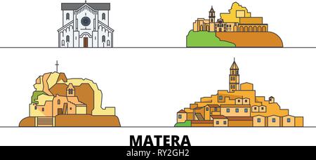 Italien, Matera flachbild Wahrzeichen Vector Illustration. Italien, Matera die Stadt mit dem berühmten reisen Sehenswürdigkeiten, Skyline, Design. Stock Vektor