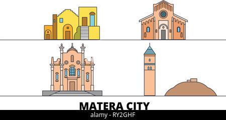 Italien, Matera City Flat Wahrzeichen Vector Illustration. Italien, Matera City Line Stadt mit berühmten reisen Sehenswürdigkeiten, Skyline, Design. Stock Vektor