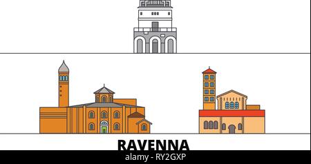 Italien, Ravenna City Flat Wahrzeichen Vector Illustration. Italien, Ravenna City Line Stadt mit berühmten reisen Sehenswürdigkeiten, Skyline, Design. Stock Vektor