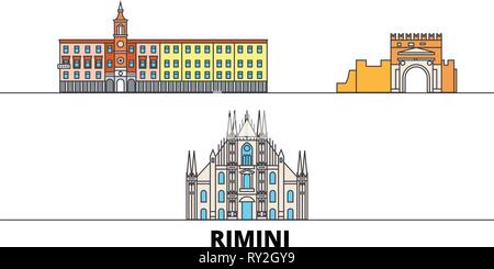 Italien, Rimini flache Wahrzeichen Vector Illustration. Italien, Rimini die Stadt mit dem berühmten reisen Sehenswürdigkeiten, Skyline, Design. Stock Vektor