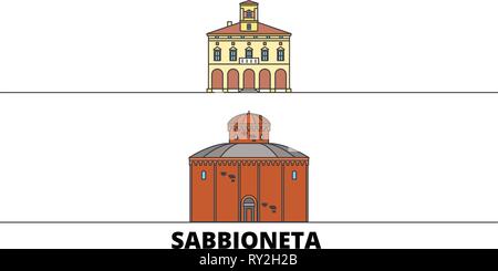 Italien, Sabbioneta flachbild Wahrzeichen Vector Illustration. Italien, Sabbioneta Linie Stadt mit berühmten reisen Sehenswürdigkeiten, Skyline, Design. Stock Vektor