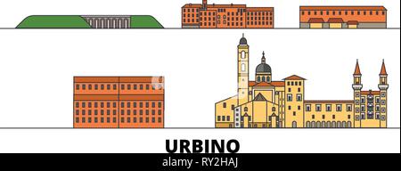 Italien, Urbino flachbild Wahrzeichen Vector Illustration. Italien, Urbino die Stadt mit dem berühmten reisen Sehenswürdigkeiten, Skyline, Design. Stock Vektor