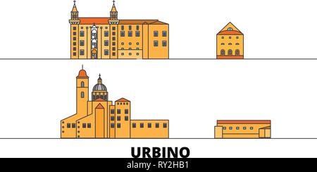 Italien, Urbino City Flat Wahrzeichen Vector Illustration. Italien, Urbino City Line Stadt mit berühmten reisen Sehenswürdigkeiten, Skyline, Design. Stock Vektor