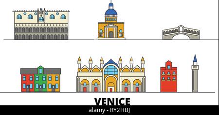 Italien, Venedig flachbild Wahrzeichen Vector Illustration. Italien, Venedig, die Stadt mit dem berühmten reisen Sehenswürdigkeiten, Skyline, Design. Stock Vektor
