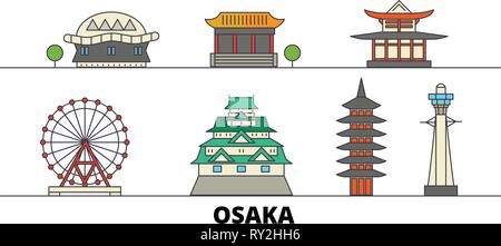 Japan, Osaka flachbild Wahrzeichen Vector Illustration. Japan, Osaka line Stadt mit berühmten reisen Sehenswürdigkeiten, Skyline, Design. Stock Vektor