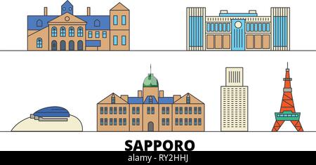 Japan, Sapporo flachbild Wahrzeichen Vector Illustration. Japan, Sapporo Linie Stadt mit berühmten reisen Sehenswürdigkeiten, Skyline, Design. Stock Vektor