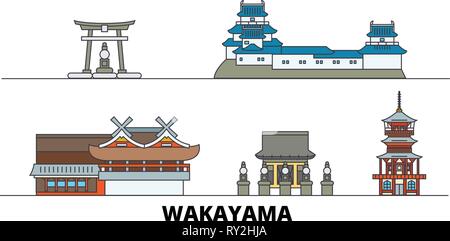 Japan, Wakayama flachbild Wahrzeichen Vector Illustration. Japan, Wakayama Linie Stadt mit berühmten reisen Sehenswürdigkeiten, Skyline, Design. Stock Vektor