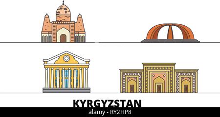 Kirgisistan flachbild Wahrzeichen Vector Illustration. Kirgisistan Linie Stadt mit berühmten reisen Sehenswürdigkeiten, Skyline, Design. Stock Vektor