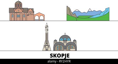 Mazedonien, Skopje flachbild Wahrzeichen Vector Illustration. Mazedonien, Skopje Linie Stadt mit berühmten reisen Sehenswürdigkeiten, Skyline, Design. Stock Vektor