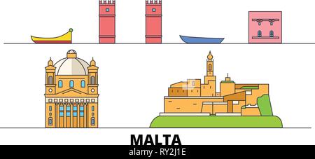 Malta flachbild Wahrzeichen Vector Illustration. Malta die Stadt mit dem berühmten reisen Sehenswürdigkeiten, Skyline, Design. Stock Vektor