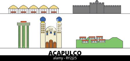 Mexiko, Acapulco flachbild Wahrzeichen Vector Illustration. Mexiko, Acapulco Linie Stadt mit berühmten reisen Sehenswürdigkeiten, Skyline, Design. Stock Vektor