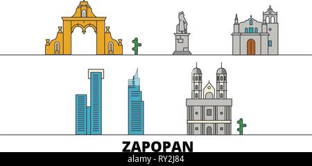 Mexiko, Zapopan flachbild Wahrzeichen Vector Illustration. Mexiko, Zapopan Linie Stadt mit berühmten reisen Sehenswürdigkeiten, Skyline, Design. Stock Vektor